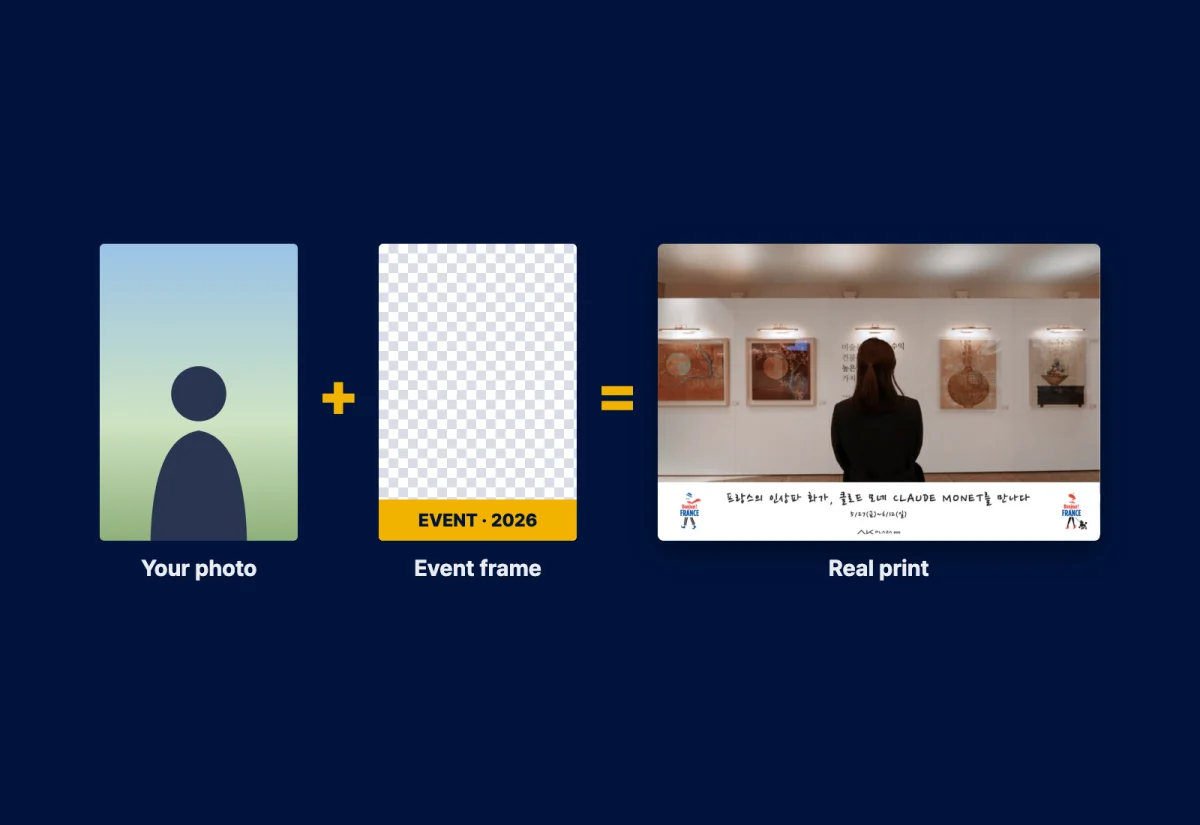 SELPIC FreePhoto: your photo plus the event frame becomes the print, with a real print example